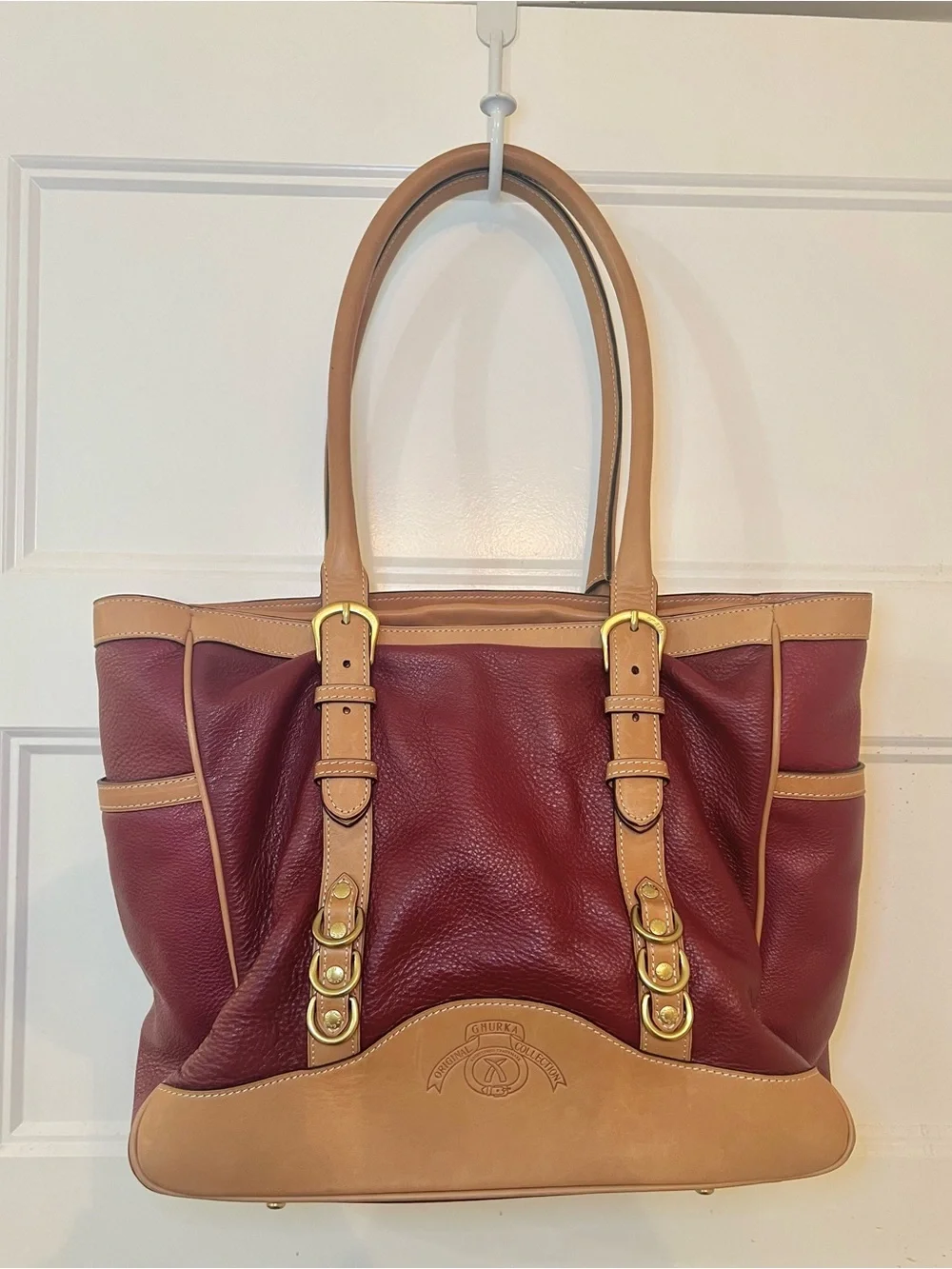 Ghurka Burgundy and Tan Leather Shopper Tote